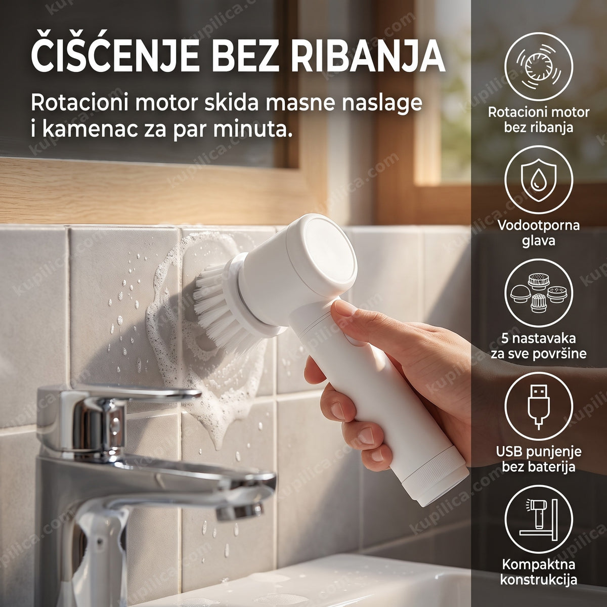 Električna četka za čišćenje 5u1 u upotrebi na pločicama kupatila — benefiti proizvoda