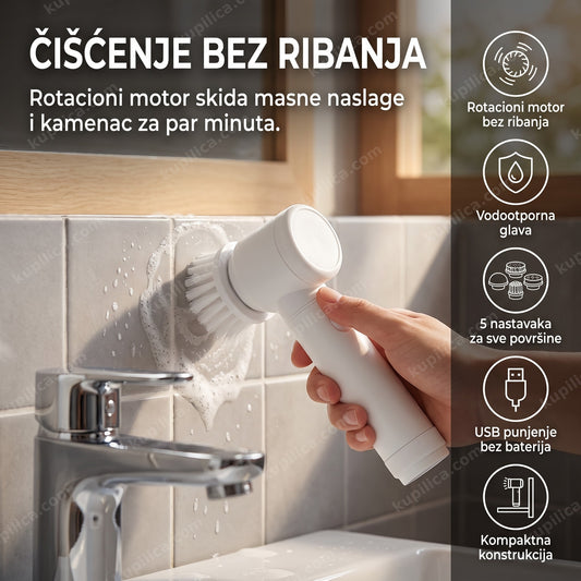 Električna četka za čišćenje 5u1 u upotrebi na pločicama kupatila — benefiti proizvoda
