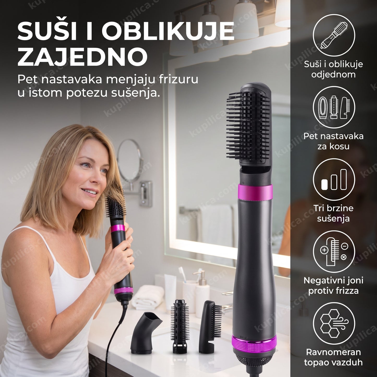 električna četka za kosu — žena suši i oblikuje kosu fenom sa četkom ispred ogledala