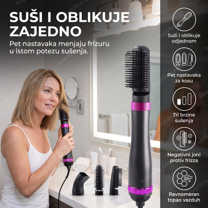 električna četka za kosu — žena suši i oblikuje kosu fenom sa četkom ispred ogledala