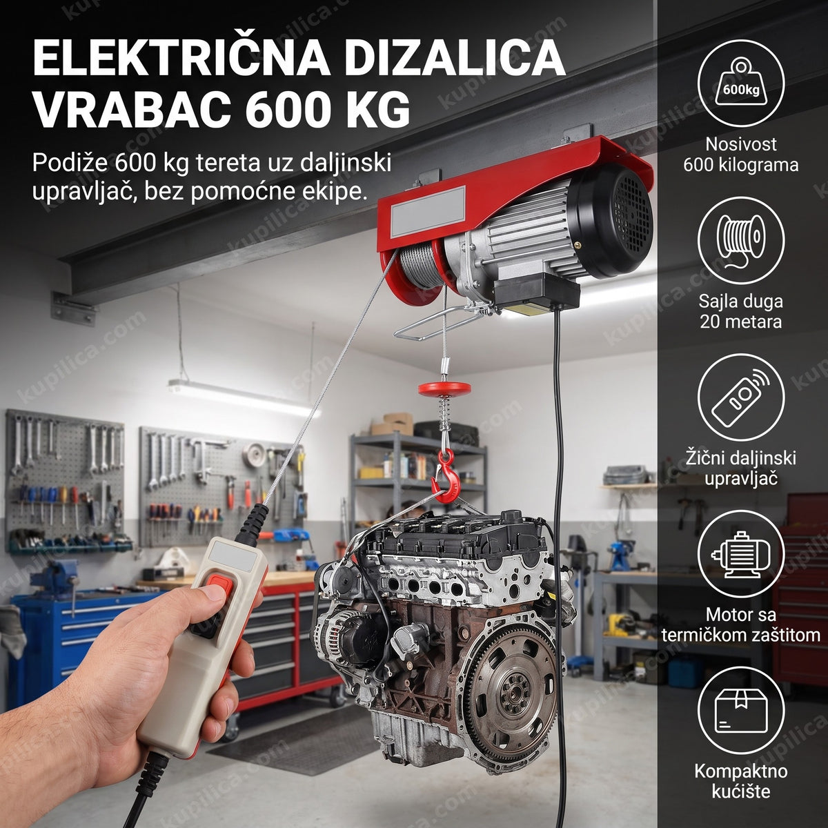 električna dizalica vrabac montirana na gredu sa teretom na sajli u garaži, benefiti proizvoda