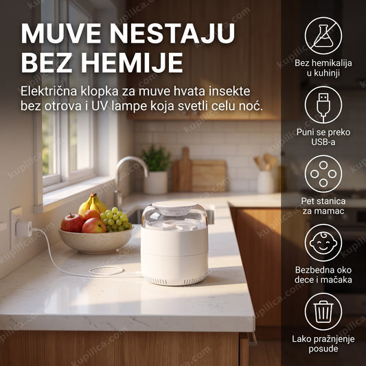 električna klopka za muve na kuhinjskom stolu pored voća, benefiti proizvoda