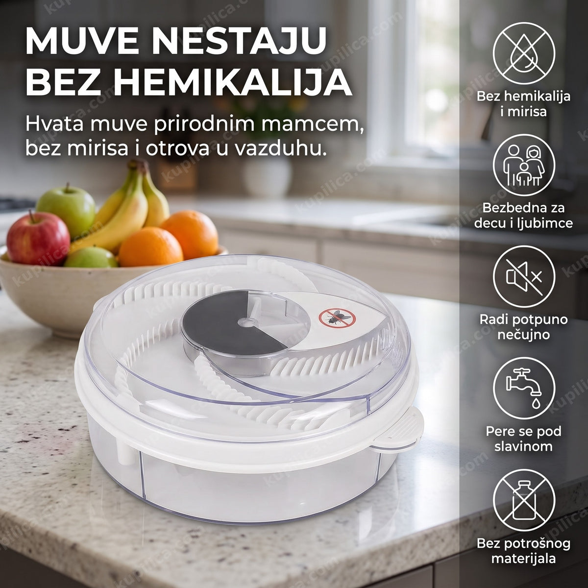 bela električna klopka za muve na kuhinjskom stolu, zatvorenog poklopca