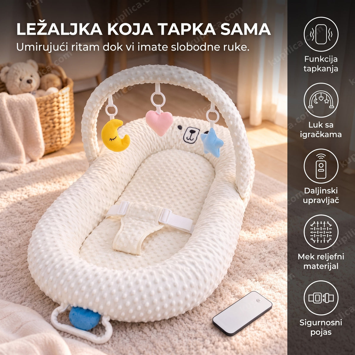 prazna električna ležaljka za bebe sa tapkanjem i lukom sa igračkama u dečjoj sobi
