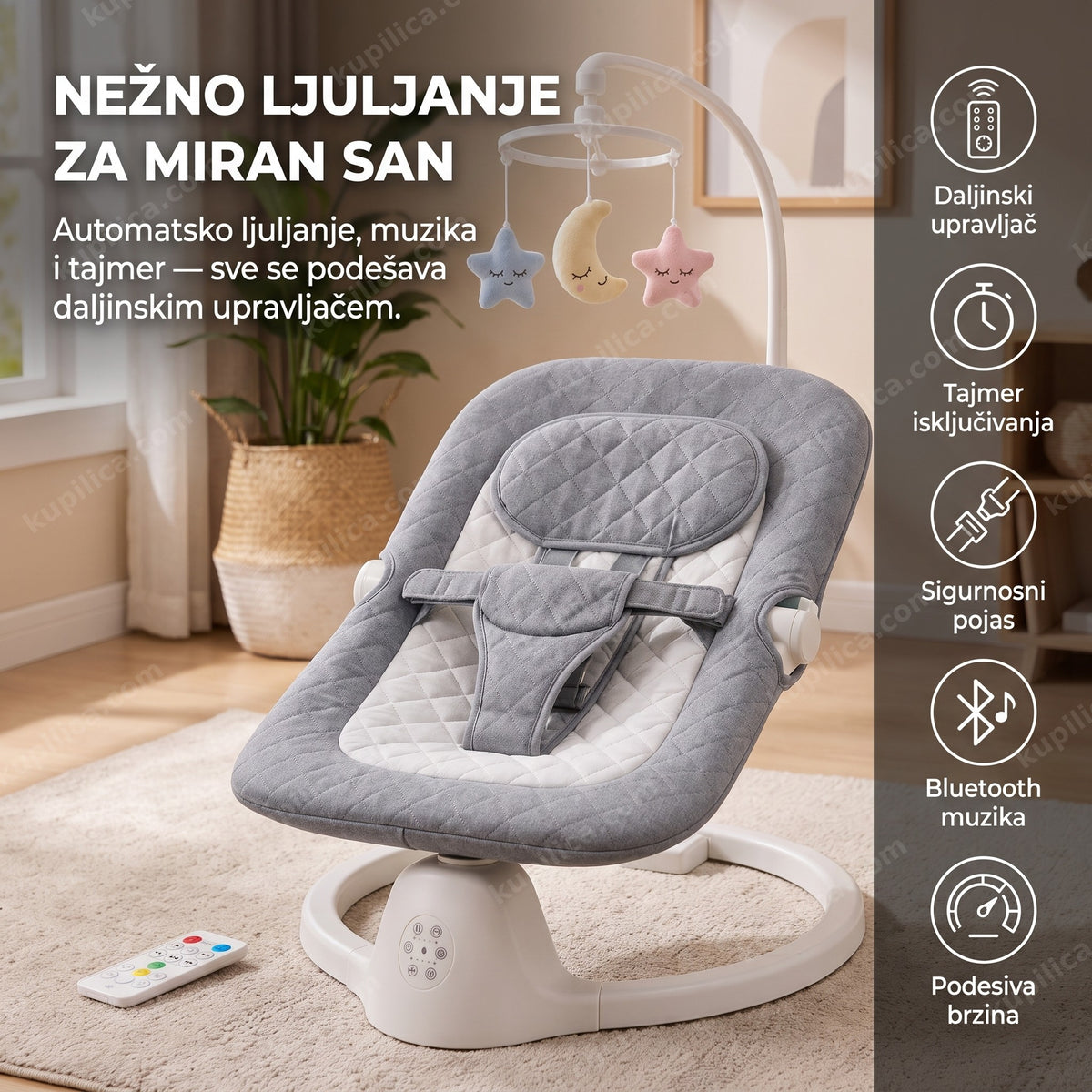 Električna ljuljaška za bebe sa daljinskim upravljačem i igračkama