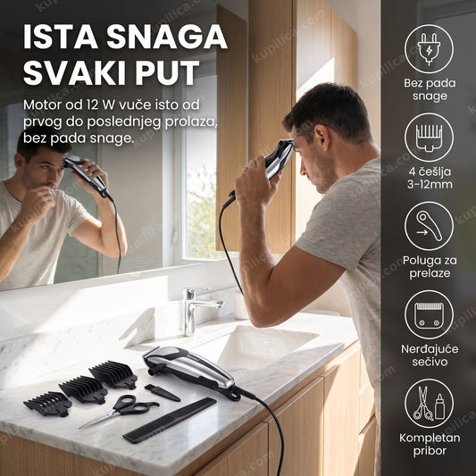 električna mašinica za šišanje — muškarac šiša sebi kosu kod kuće, motor od 12 W bez pada snage, četiri češlja