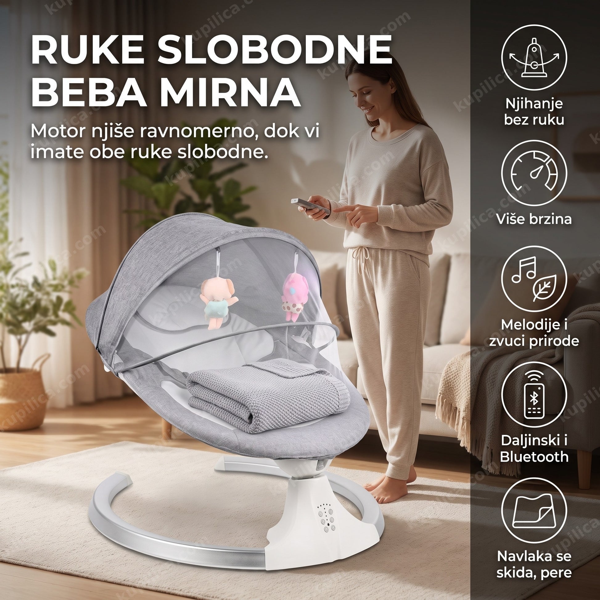 električna njihalica za bebe — majka podešava daljinski pored njihalice u dnevnoj sobi, njihanje bez ruku, više brzina, melodije i zvuci prirode