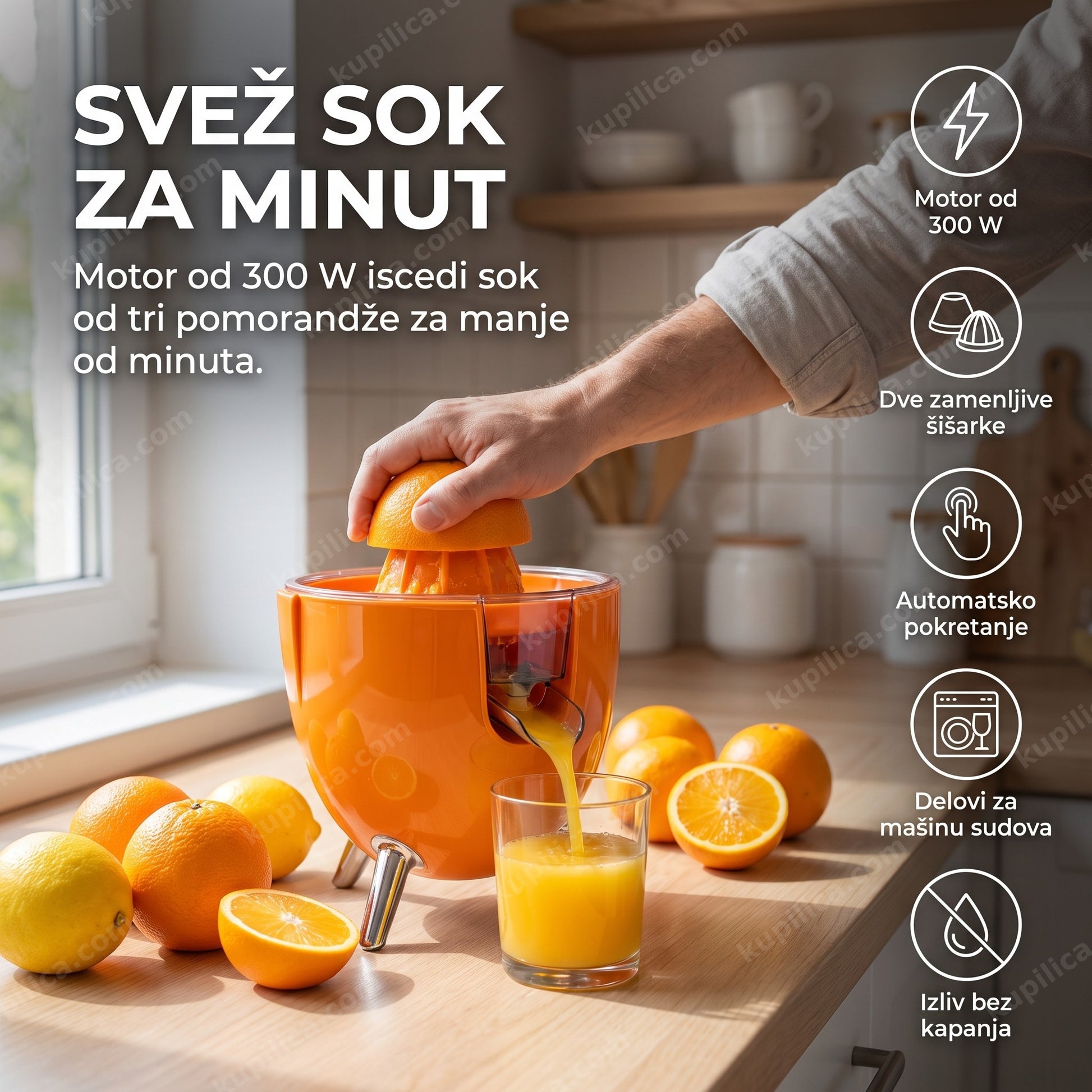 električna presa za citruse — ceđenje pomorandže na kuhinjskom stolu, motor od 300 w, dve zamenljive šišarke, automatsko pokretanje