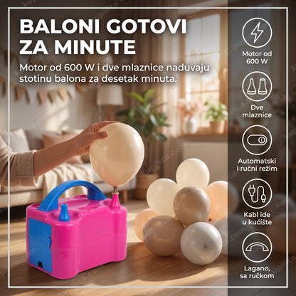električna pumpa za balone — naduvavanje balona za proslavu u dnevnoj sobi, motor od 600 w, dve mlaznice, automatski i ručni režim