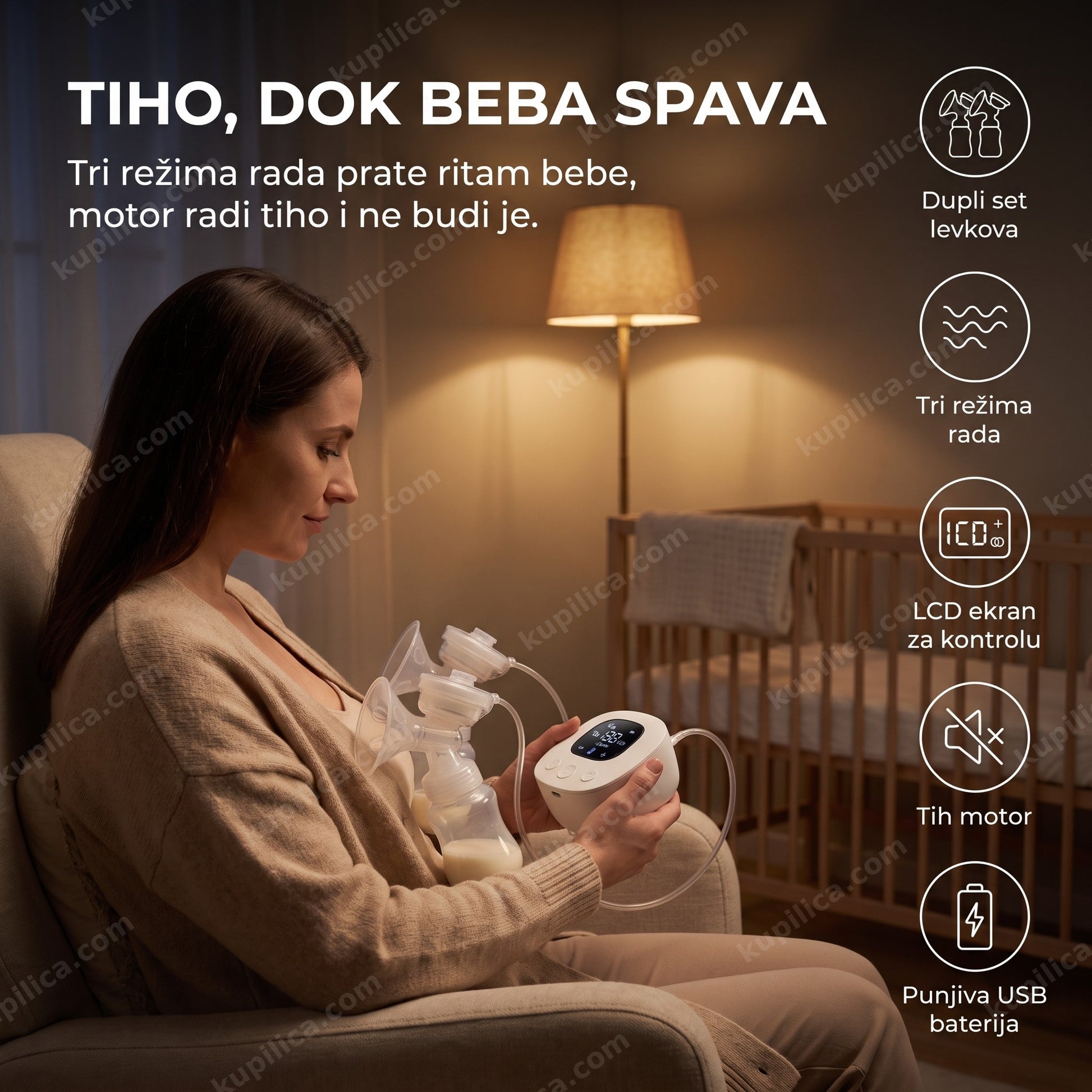 električna pumpica za izmuzavanje — mama koristi duplu pumpicu uveče u tihoj dečijoj sobi