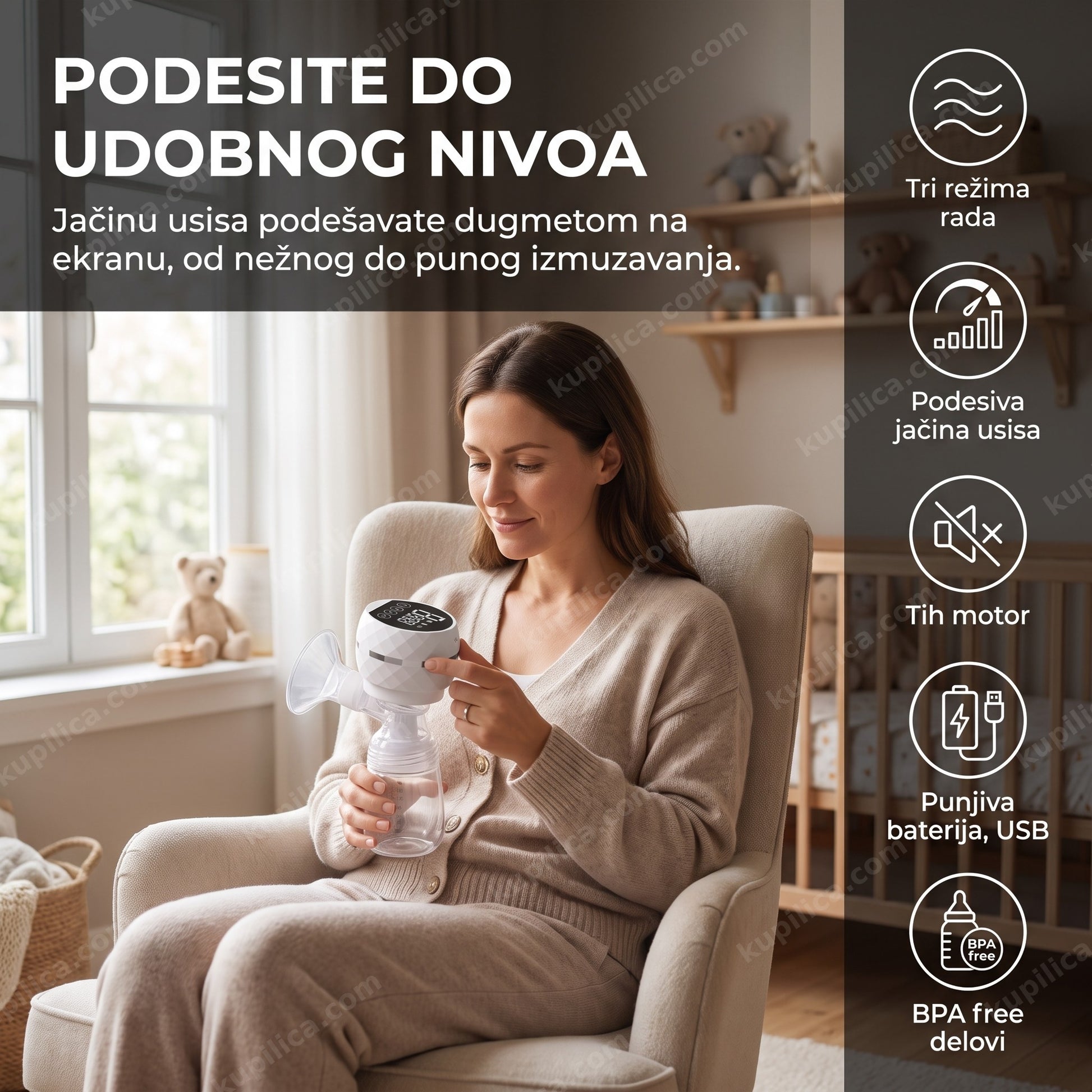 električna pumpica za izmuzavanje mleka sa digitalnim displejom — majka podešava jačinu usisa na ekranu, tri režima rada, podesiva jačina usisa, bpa free delovi
