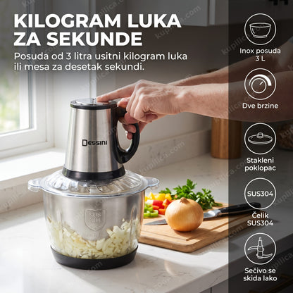 električna seckalica dessini 966 — seckanje luka u inox posudi na kuhinjskom stolu, inox posuda 3 l, dve brzine, čelik sus304