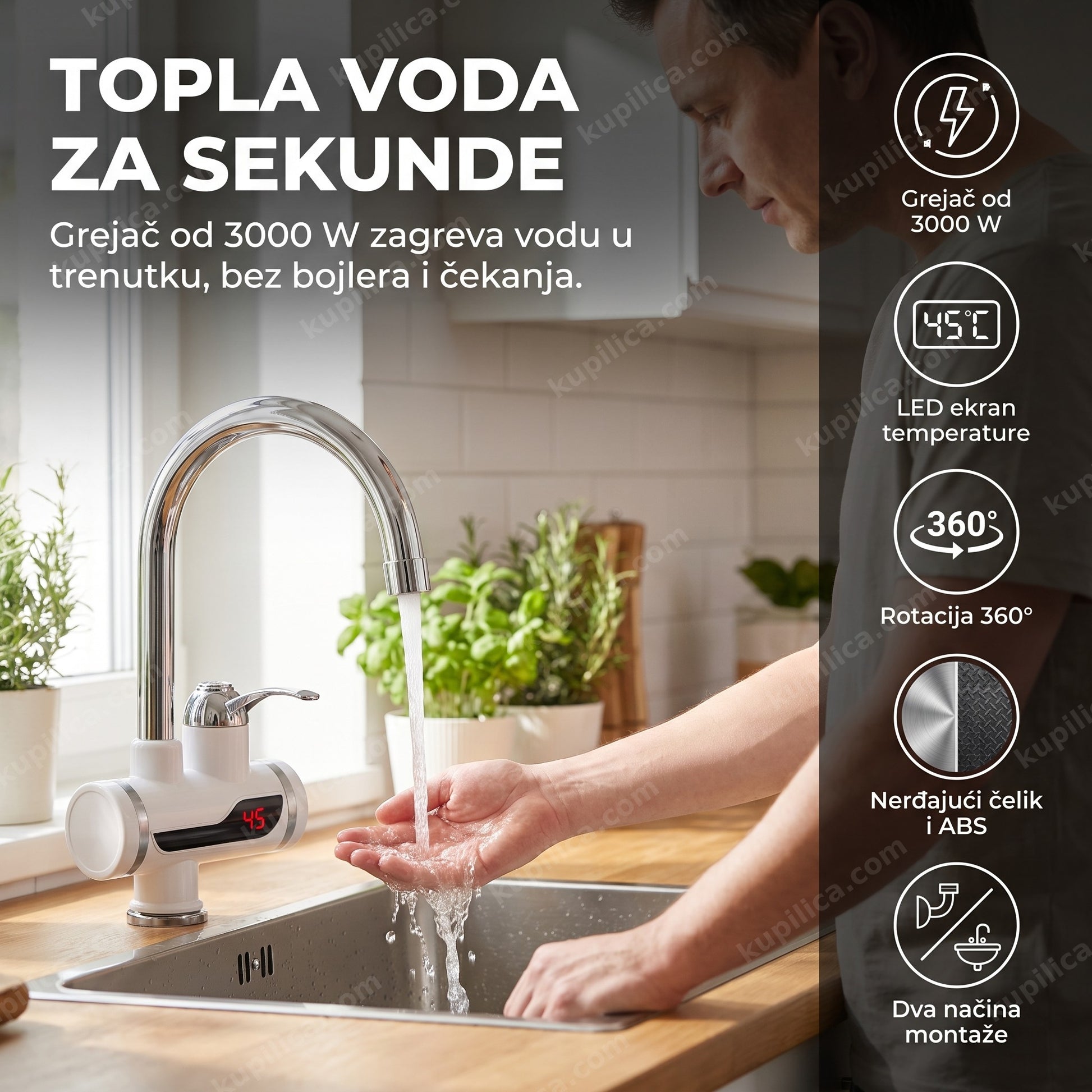 električna slavina rx-002 — topla voda teče iz slavine sa led ekranom na sudoperi, grejač od 3000 w, led ekran temperature, rotacija 360°