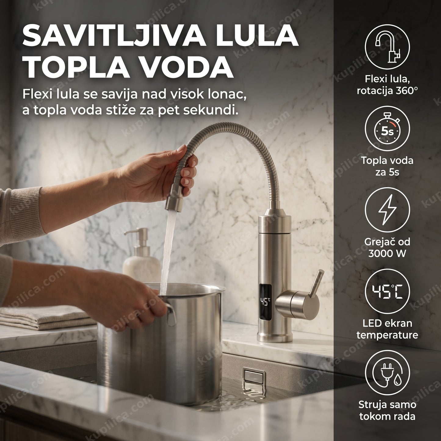 električna slavina ry-019 — punjenje lonca toplom vodom preko savitljive lule, flexi lula rotacija 360°, topla voda za 5 sekundi, grejač od 3000 w