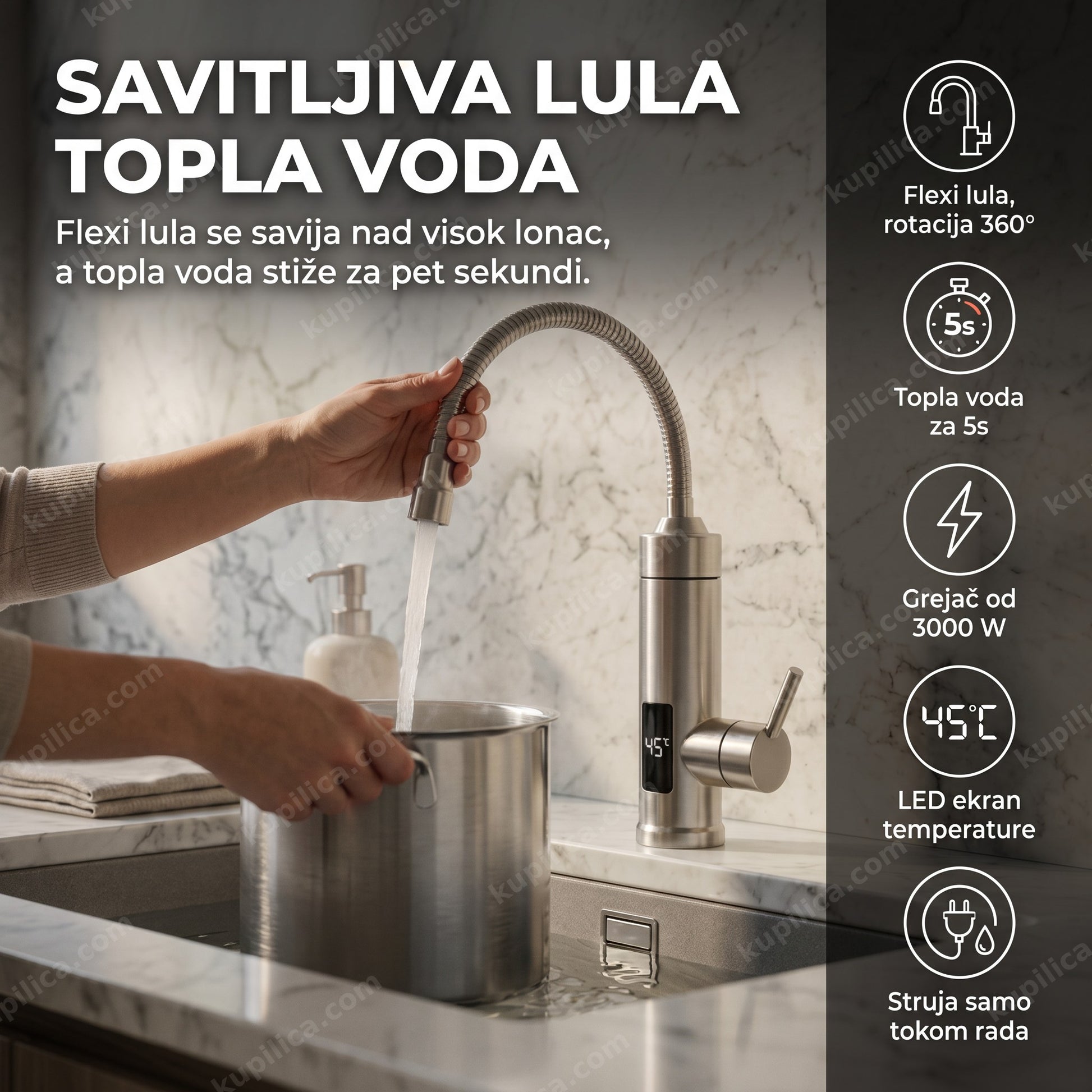 električna slavina ry-019 — punjenje lonca toplom vodom preko savitljive lule, flexi lula rotacija 360°, topla voda za 5 sekundi, grejač od 3000 w