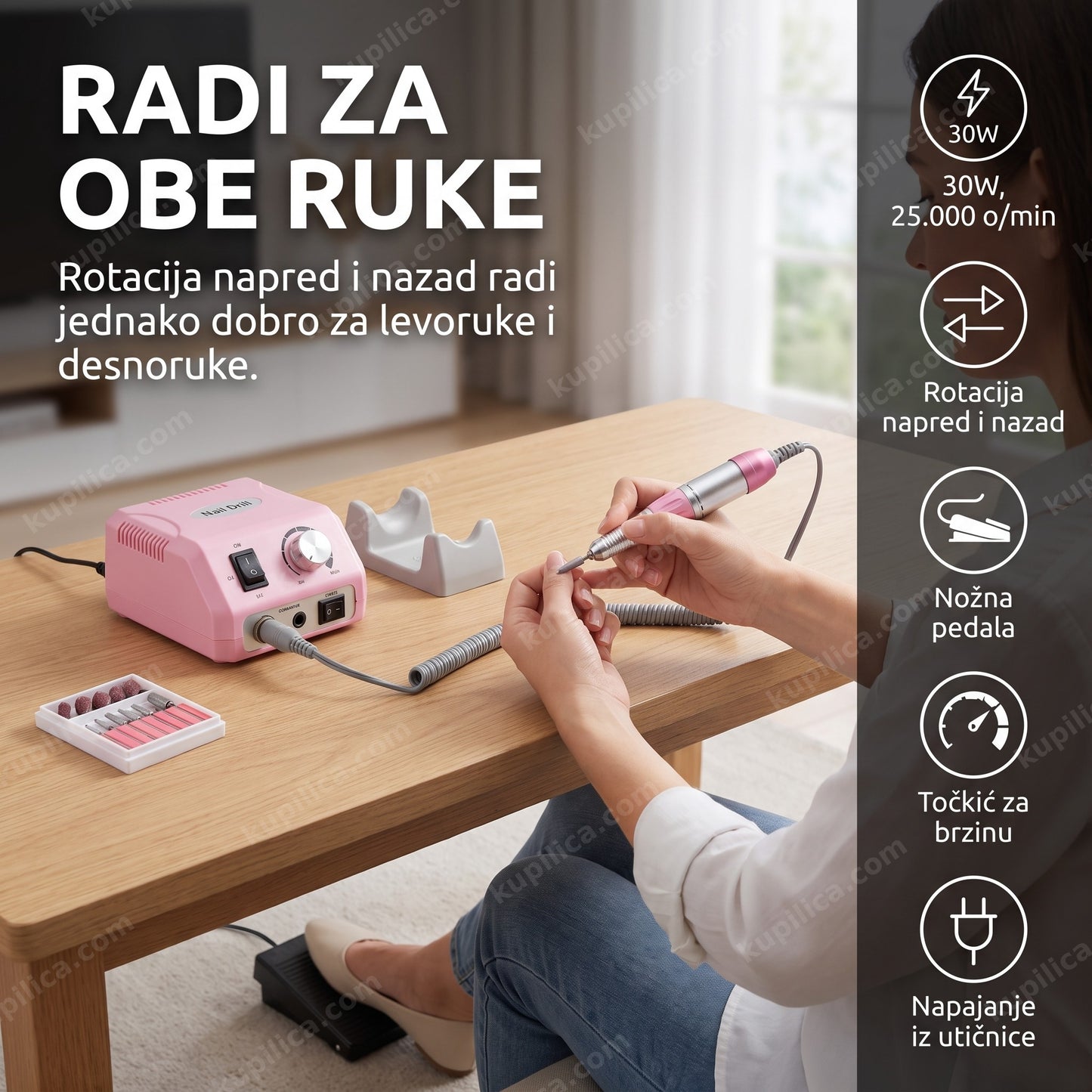 električna turpija za nokte dm-202 pro — žena radi manikir uz nožnu pedalu za stolom, motor 30 w 25.000 o/min, rotacija napred i nazad, nožna pedala