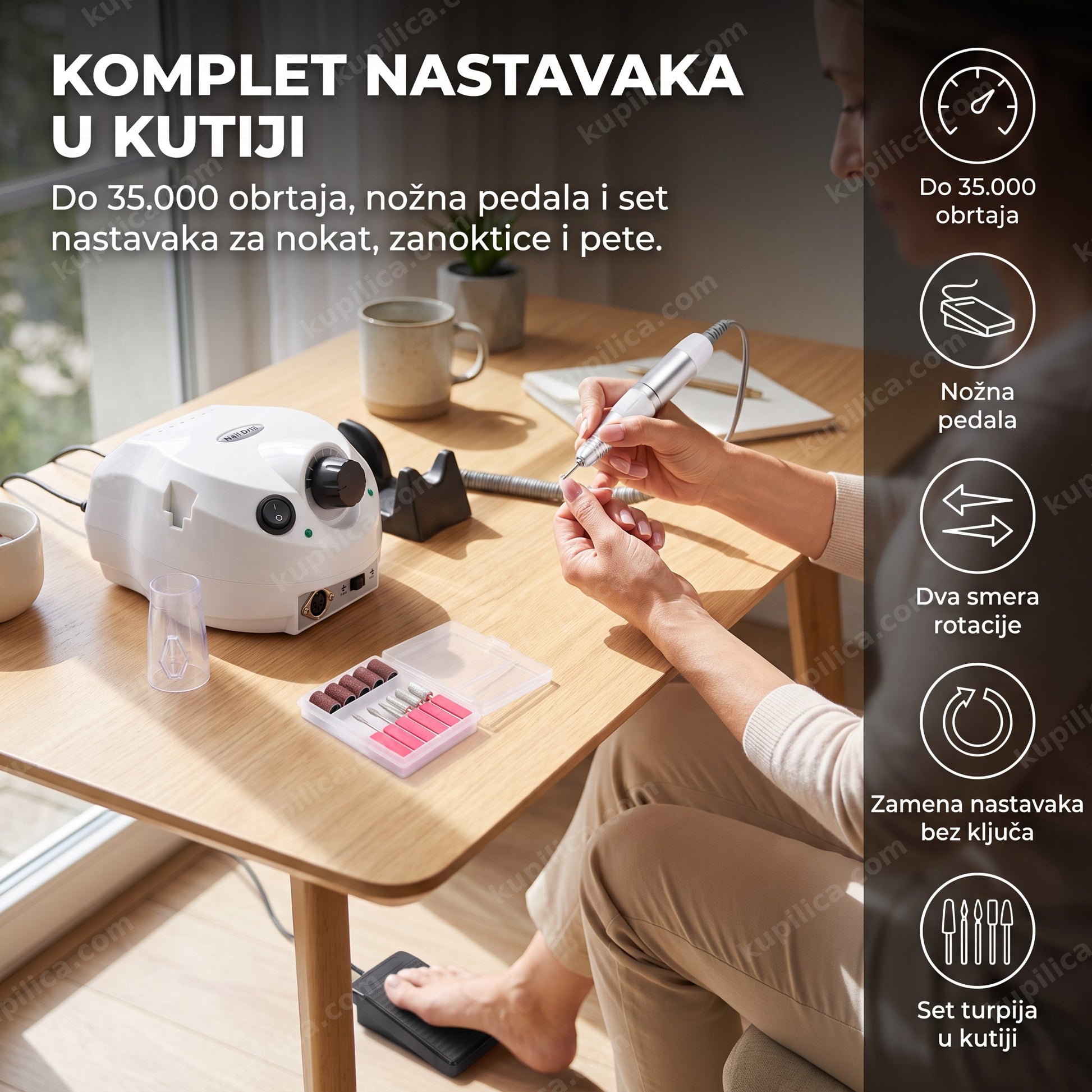 električna turpija za nokte dm-202 sa nožnom pedalom — žena radi manikir uz set nastavaka za stolom, do 35.000 obrtaja, nožna pedala, set turpija u kutiji