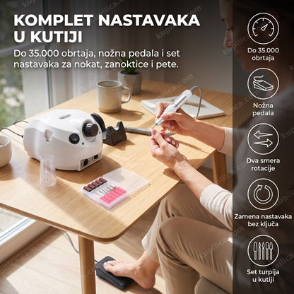 električna turpija za nokte dm-202 sa nožnom pedalom — žena radi manikir uz set nastavaka za stolom, do 35.000 obrtaja, nožna pedala, set turpija u kutiji