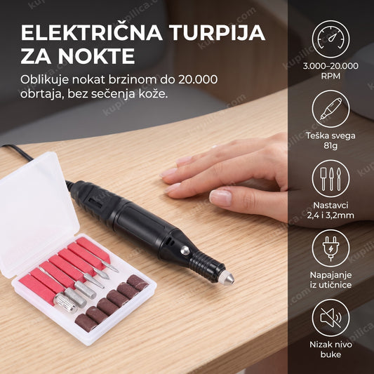 Električna turpija za nokte sa nastavcima na stolu za manikir, benefiti proizvoda