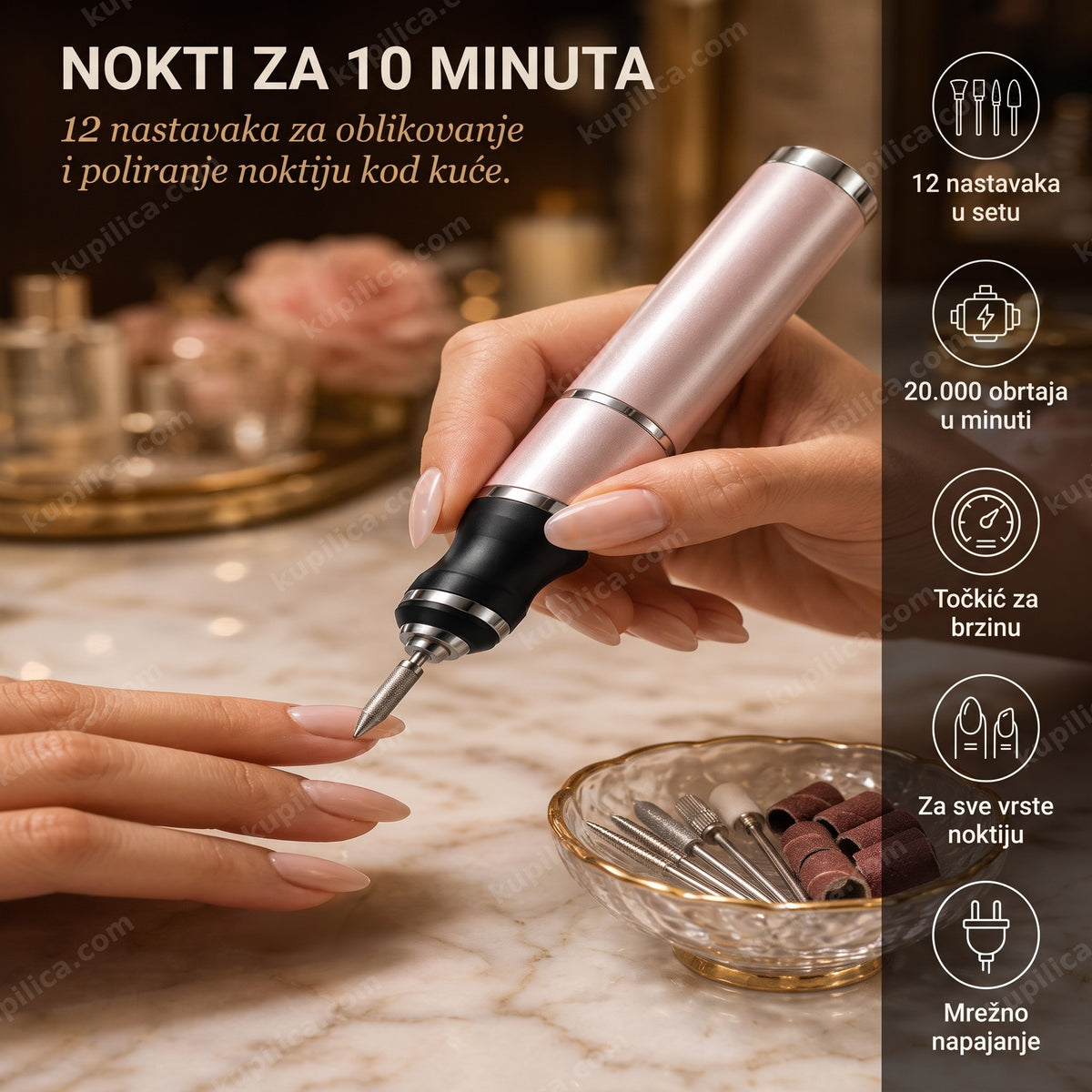 Električna turpija za nokte u upotrebi na ruci, nastavci i šmirgle poređani pored
