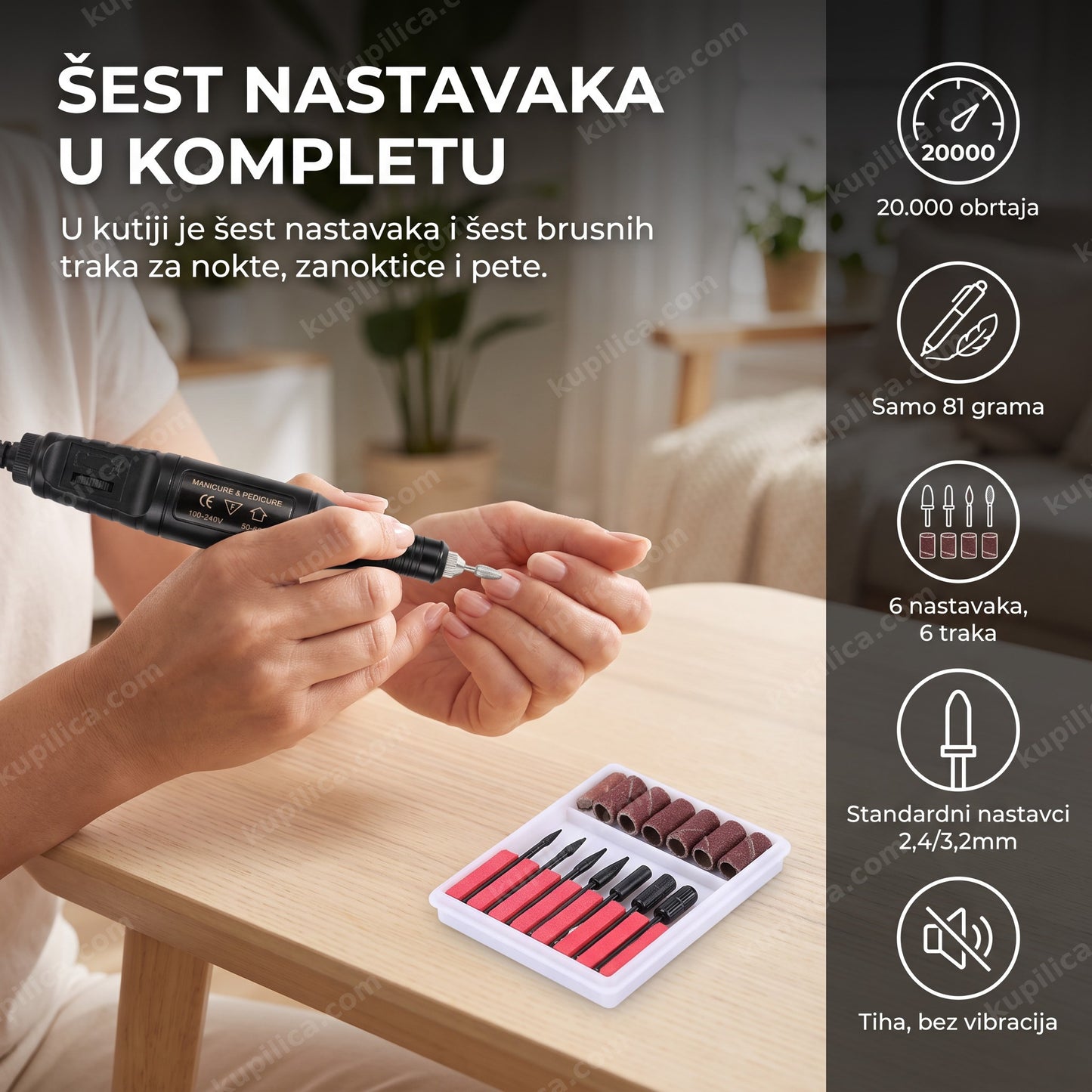 električna turpija za nokte t001 black — žena radi manikir olovka turpijom sa setom nastavaka, 20.000 obrtaja, samo 81 grama, 6 nastavaka i 6 traka