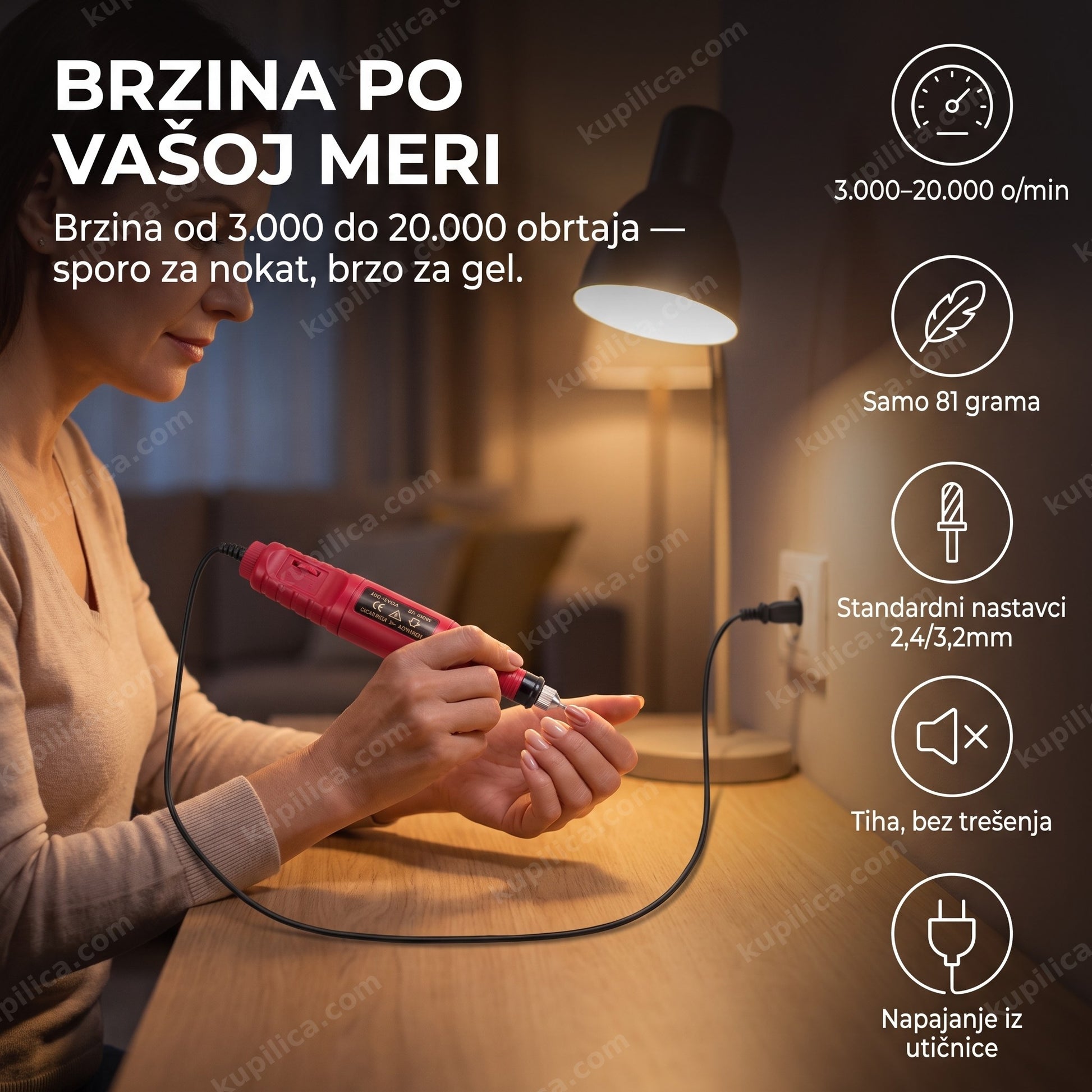 električna turpija za nokte t001 red — žena radi manikir olovka turpijom uveče za stolom, 3.000–20.000 o/min, samo 81 grama, napajanje iz utičnice