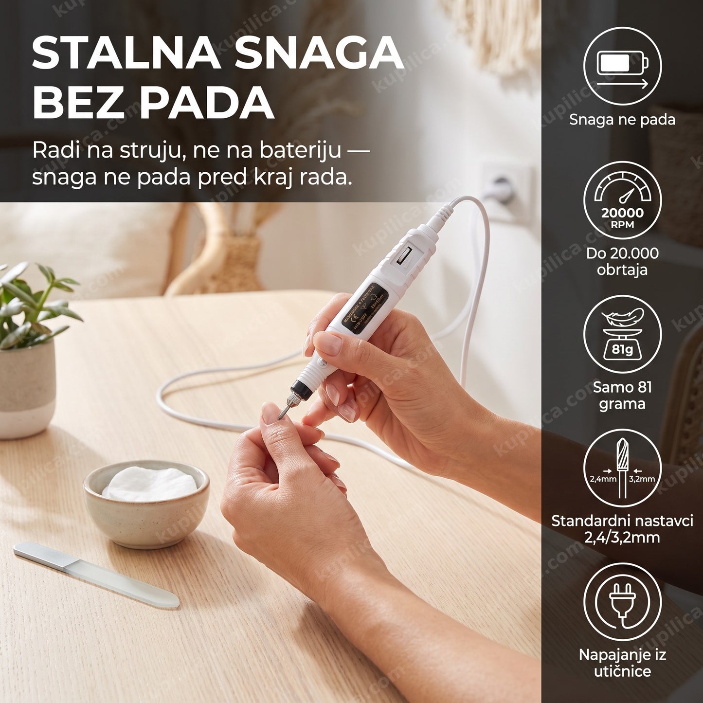 električna turpija za nokte t001 white — žena radi manikir olovka turpijom za stolom, snaga ne pada, do 20.000 obrtaja, napajanje iz utičnice