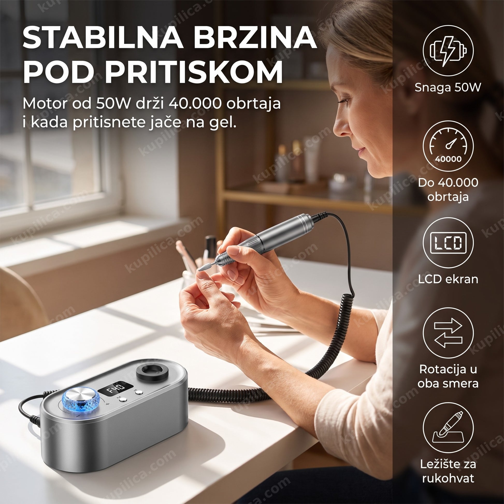 električna turpija za nokte uv-701 — žena radi manikir stonom turpijom sa led ekranom, snaga 50w, do 40.000 obrtaja, lcd ekran