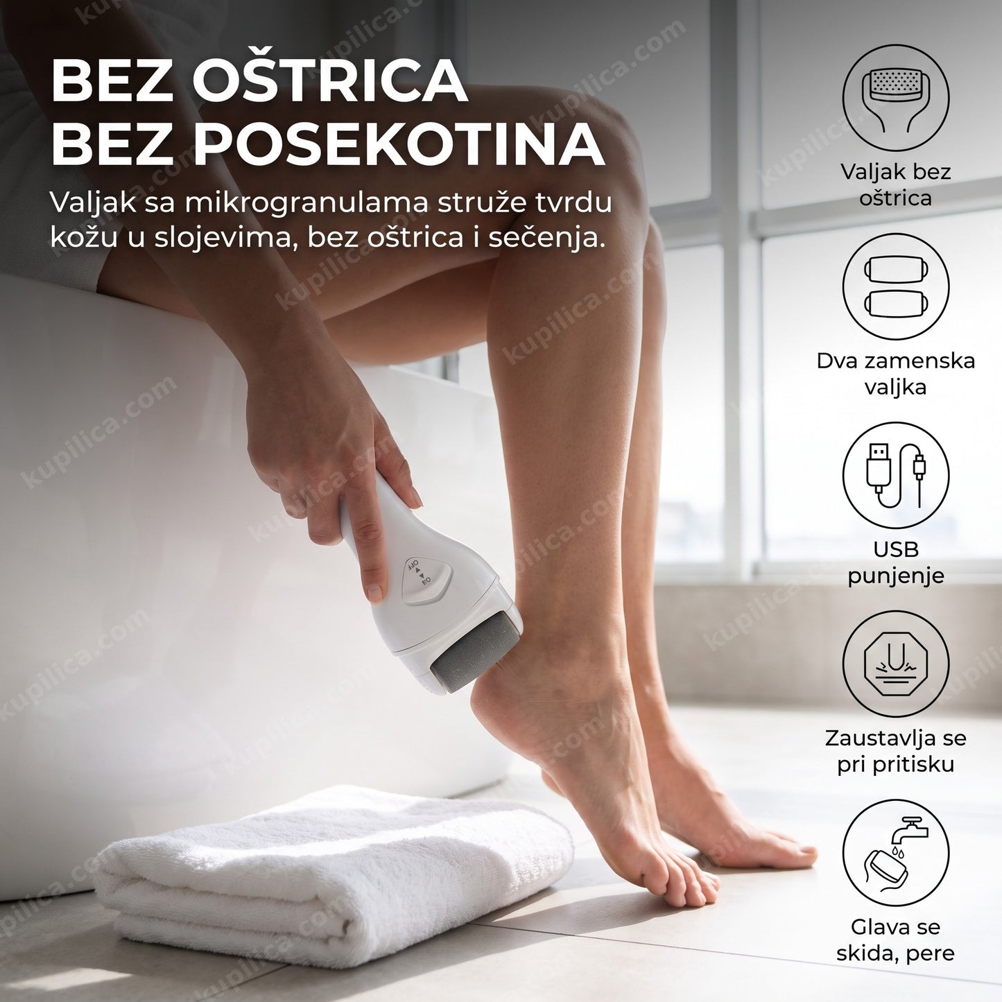 električna turpija za pete myb-116 — nega stopala kod kuće u kupatilu, valjak bez oštrica, dva zamenska valjka, usb punjenje