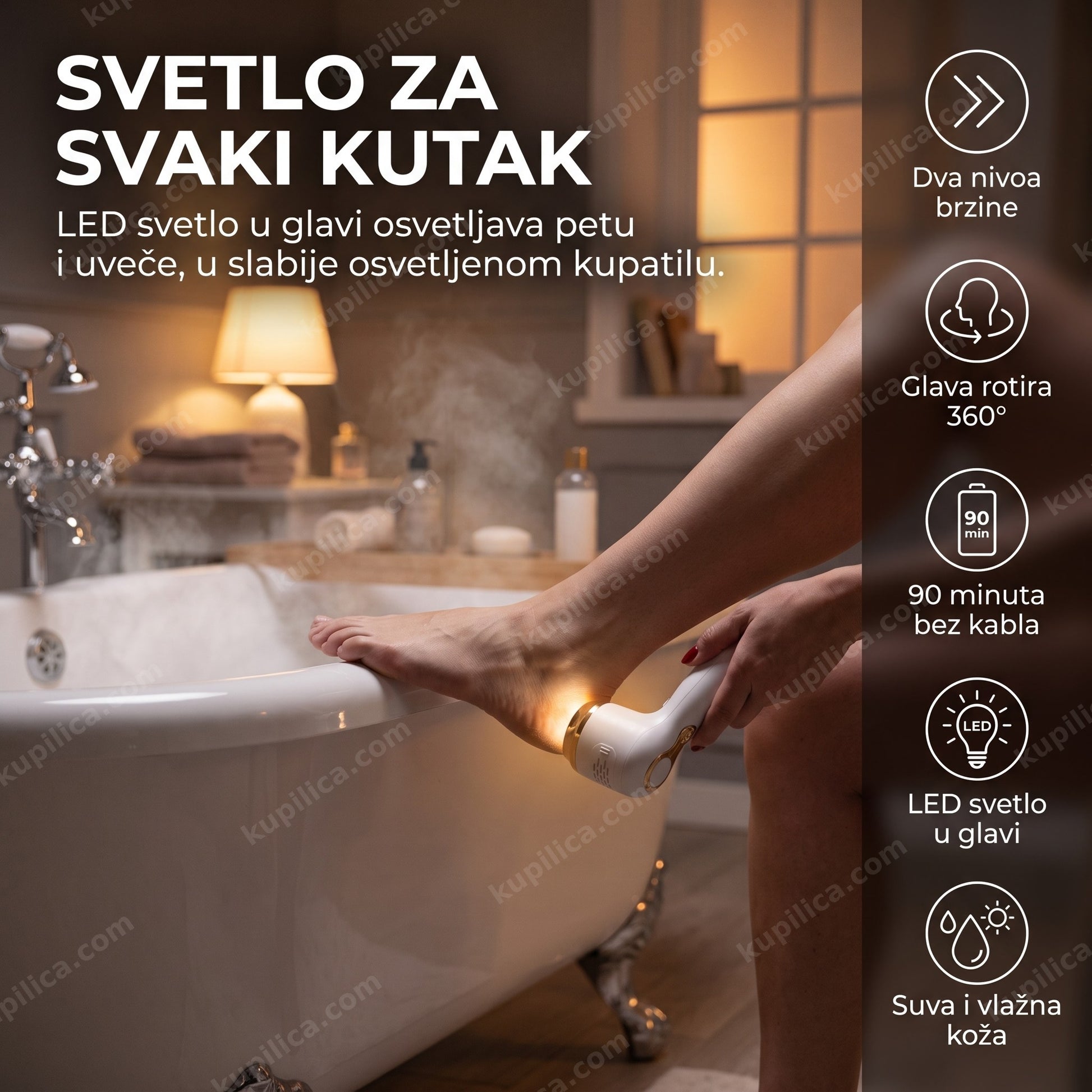 električna turpija za pete yb-2023-1 — nega stopala uveče uz ugrađeno led svetlo, glava rotira 360°, 90 minuta bez kabla, led svetlo u glavi