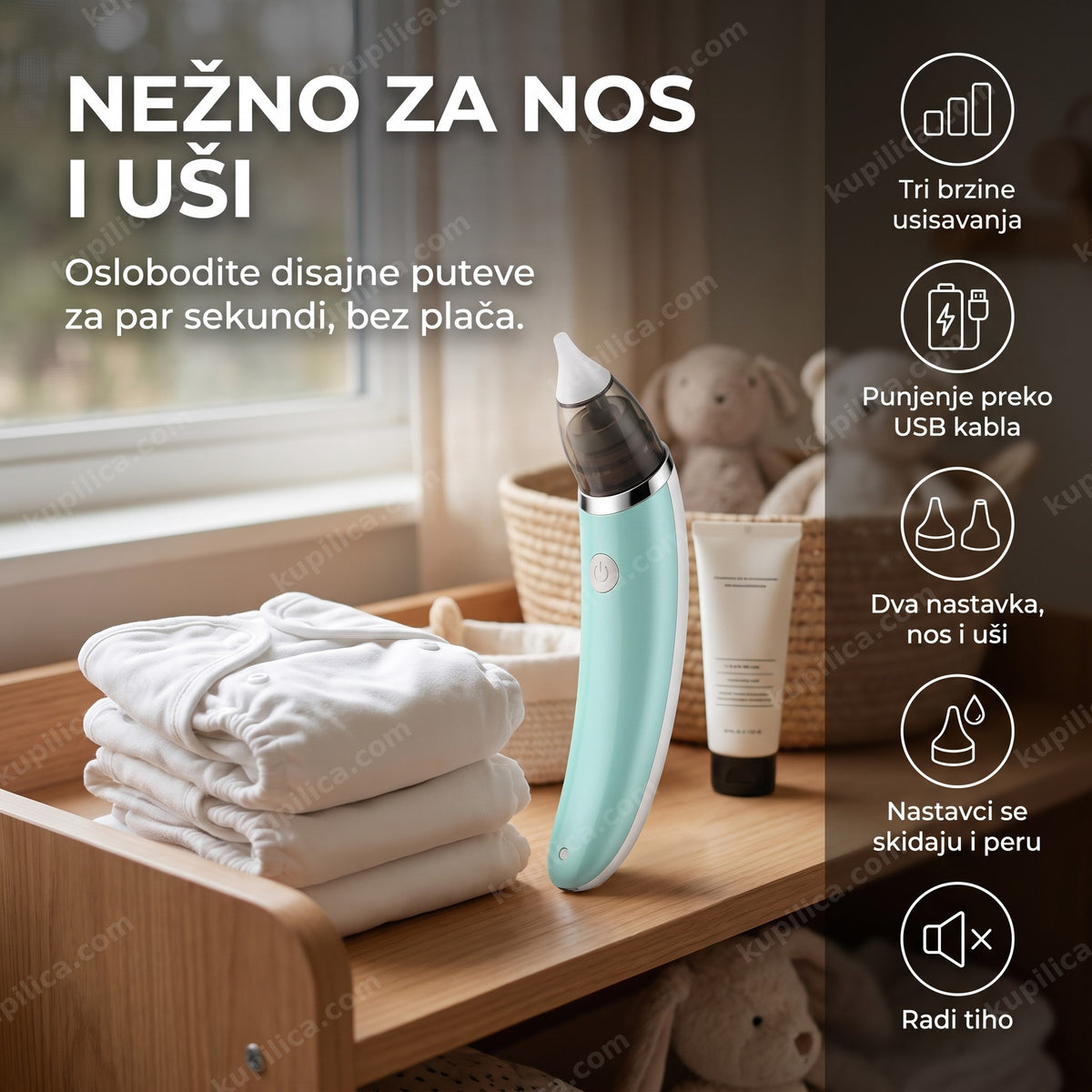 električni vakum aspirator za nos i uši pored pelena na stočiću, benefiti proizvoda