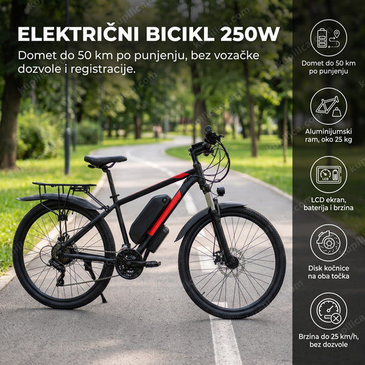 Električni bicikl parkiran na biciklističkoj stazi u parku, benefiti proizvoda