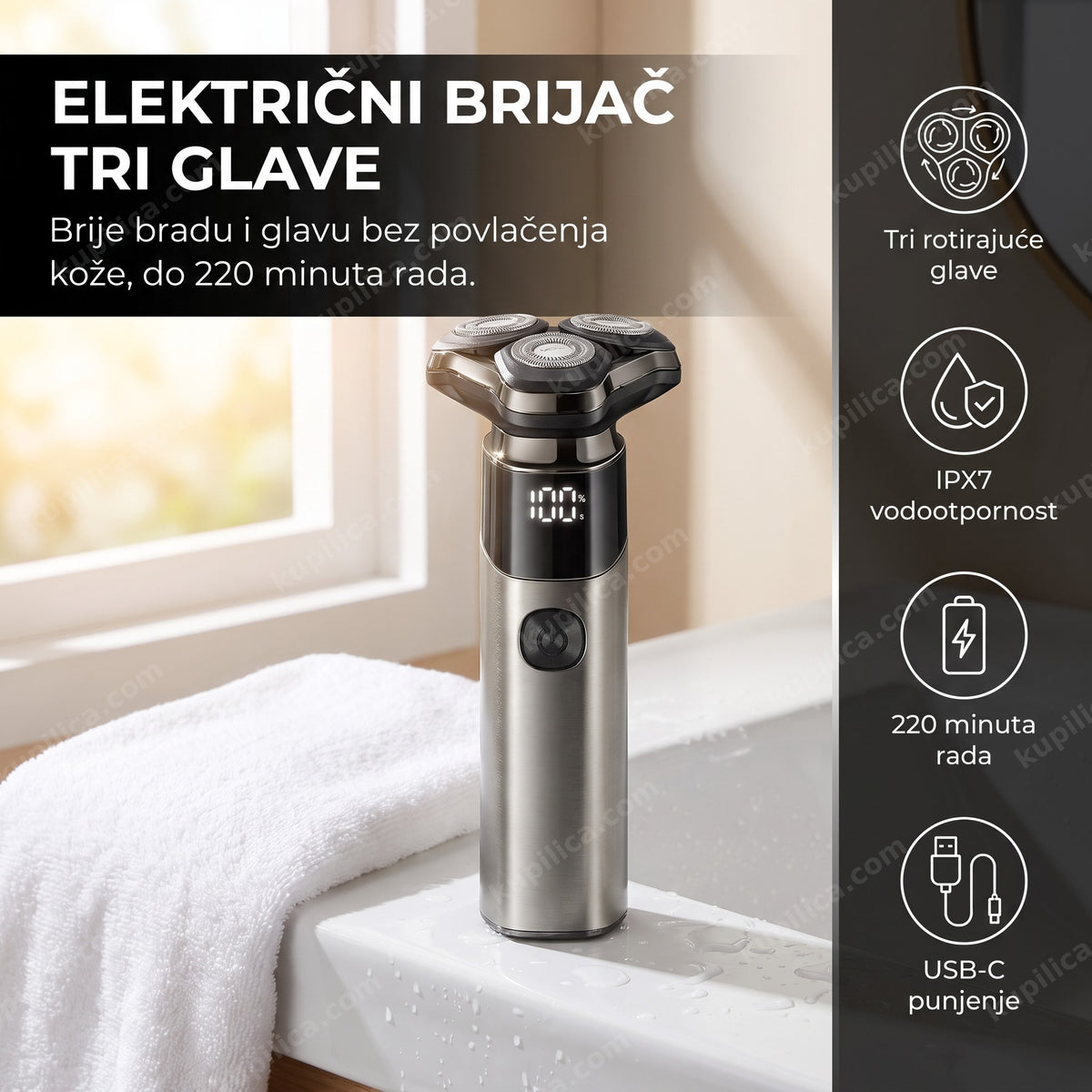 Električni brijač sa tri rotirajuće glave na umivaoniku u kupatilu, benefiti proizvoda