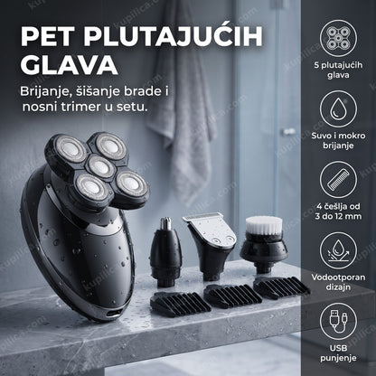 crni električni brijač sa 5 glava i nastavcima na kamenoj polici u kupatilu