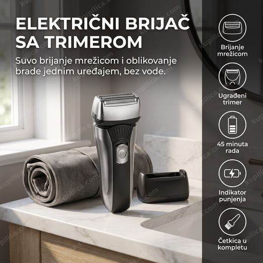 Crno-srebrni električni brijač sa trimerom na kupatilskoj polici, prikaz benefita