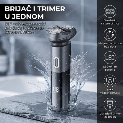 crni električni brijač sa trimerom za bradu i led ekranom uz kapi vode
