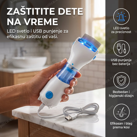električni češalj protiv vaši u ruci na stolu u kupatilu, benefiti proizvoda