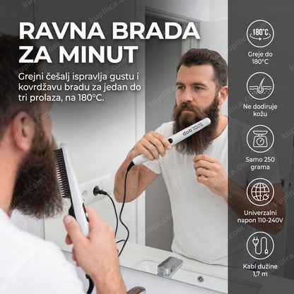 Muškarac ispravlja bradu grejnim češljem ispred ogledala u kupatilu