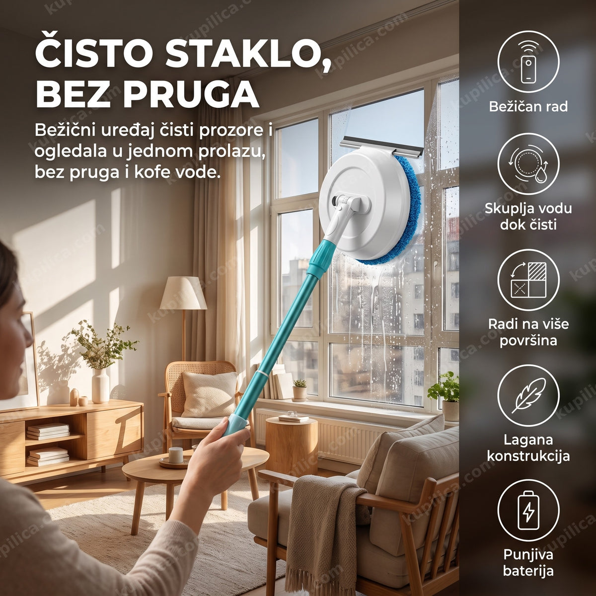 bežični električni čistač stakla u upotrebi na prozoru, benefiti proizvoda