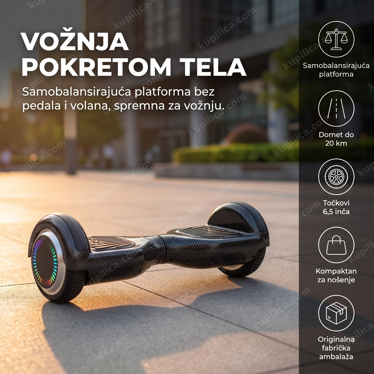 električni hoverboard 6.5 inča sa led točkovima na gradskom trgu