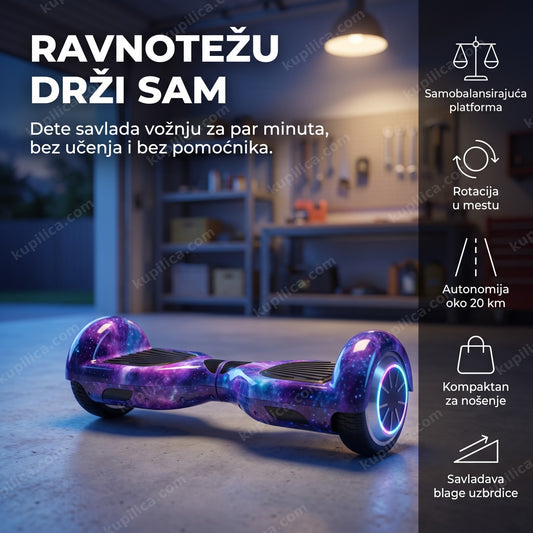 električni hoverboard 8 inča sa ljubičastim dizajnom u mračnoj garaži