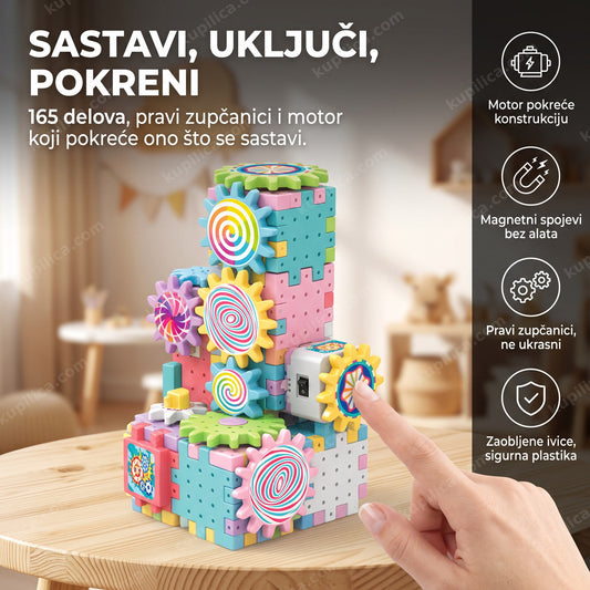 električni konstruktorski set sa zupčanicima sastavljen na stolu uz ruku odrasle osobe, benefiti proizvoda