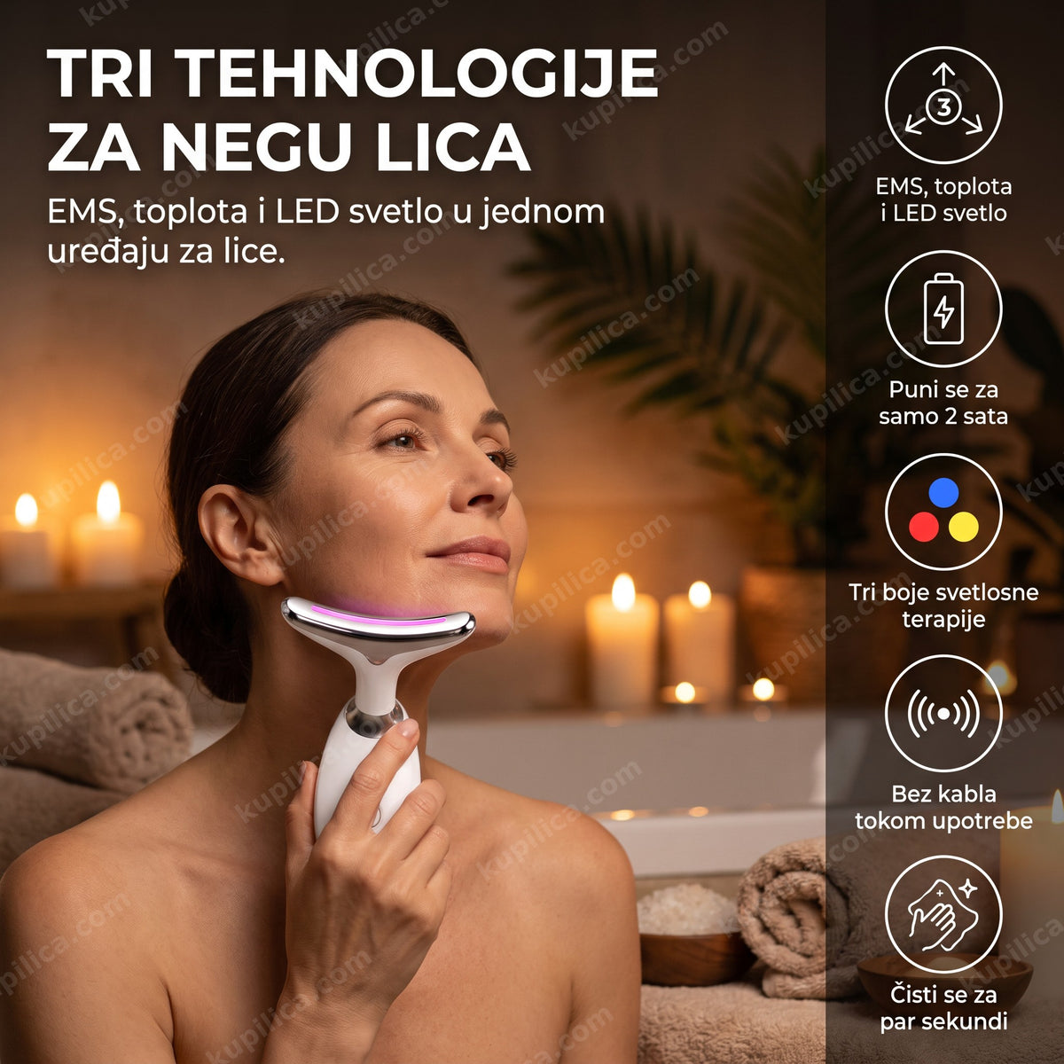 Žena koristi električni masažer za lice EMS u spa ambijentu uveče, benefiti proizvoda