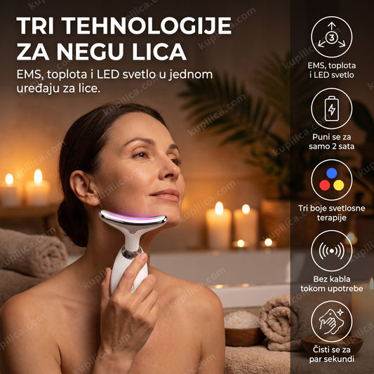 Žena koristi električni masažer za lice EMS u spa ambijentu uveče, benefiti proizvoda