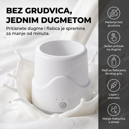električni mešač za mleko za bebe sa prskanjem mleka u pozadini