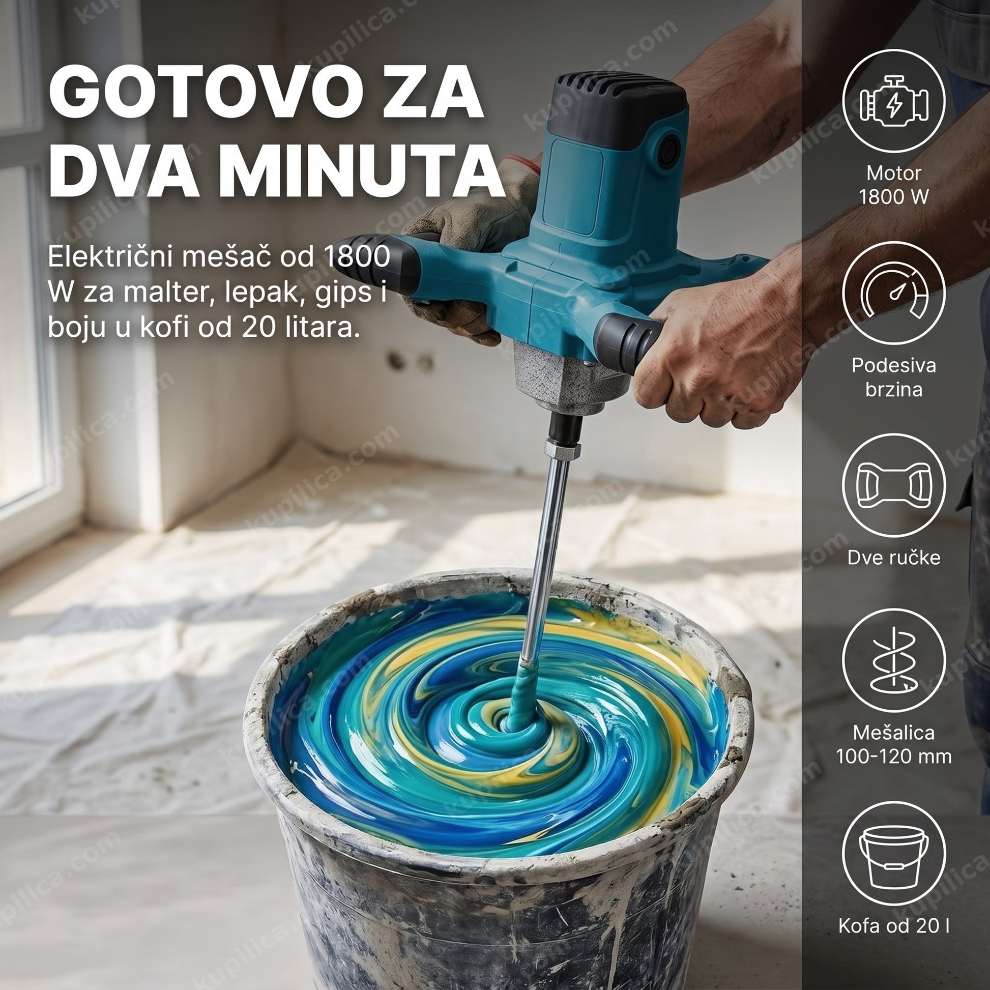Mikser za boju i lepak MT1205 — odrasla osoba meša glet masu u kofi od 20 litara električnim mešačem od 1800 W
