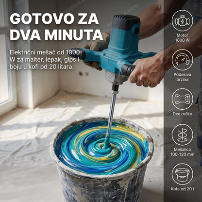 Mikser za boju i lepak MT1205 — odrasla osoba meša glet masu u kofi od 20 litara električnim mešačem od 1800 W