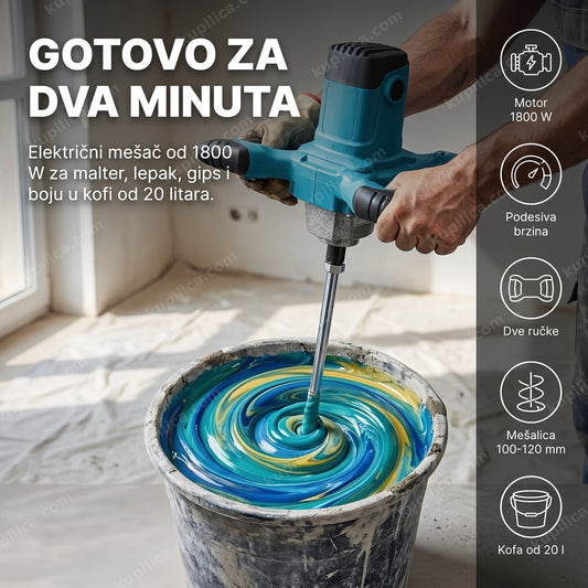 Mikser za boju i lepak MT1205 — odrasla osoba meša glet masu u kofi od 20 litara električnim mešačem od 1800 W