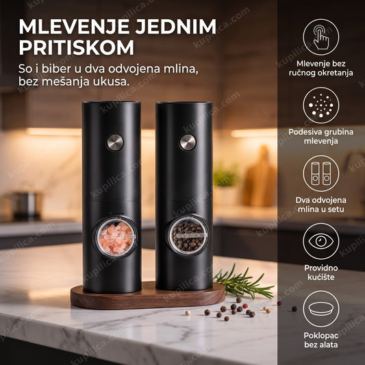 električni mlin za so i biber, set od dva na kuhinjskom stolu
