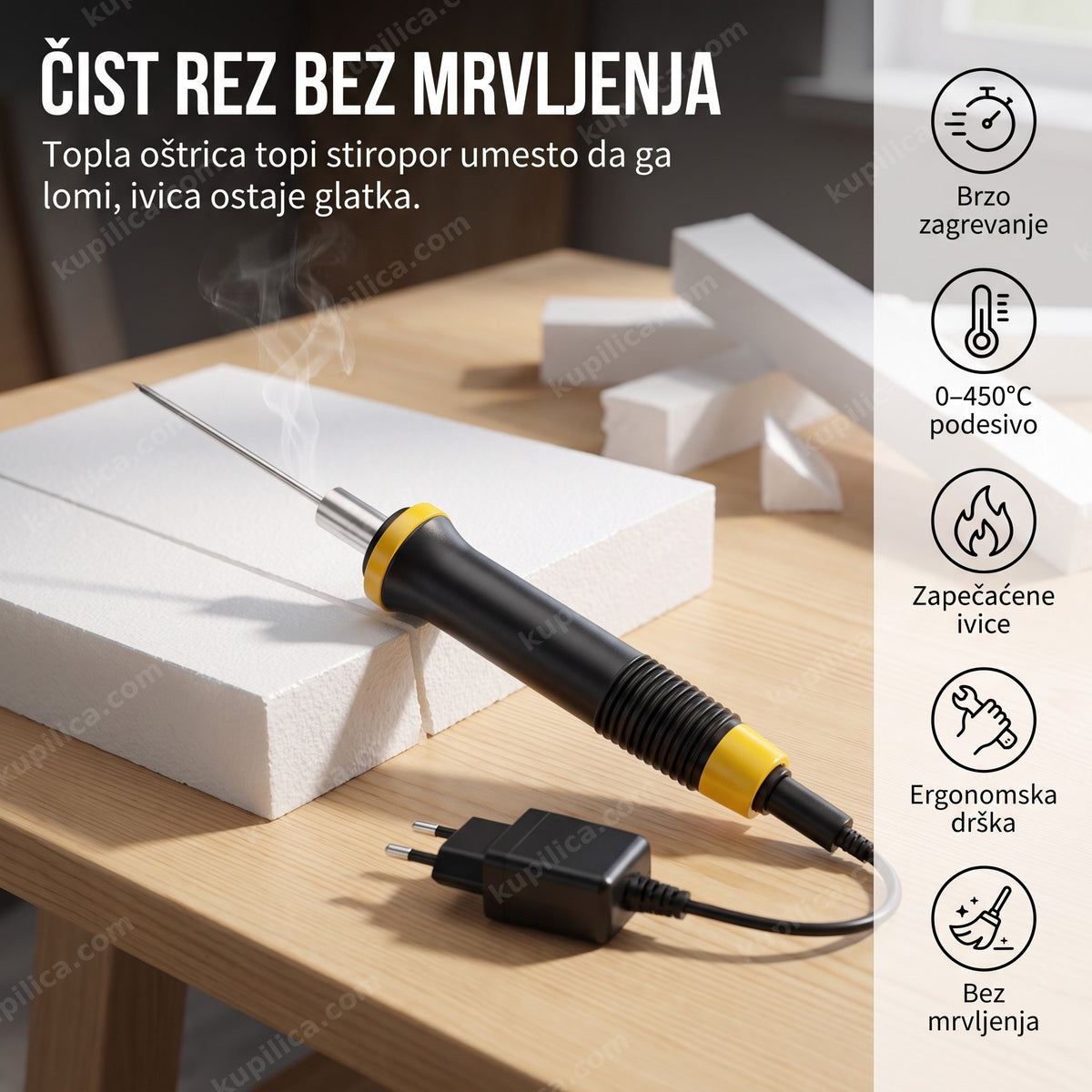 električni nož za stiropor sa upaljenom oštricom pored isečenog bloka